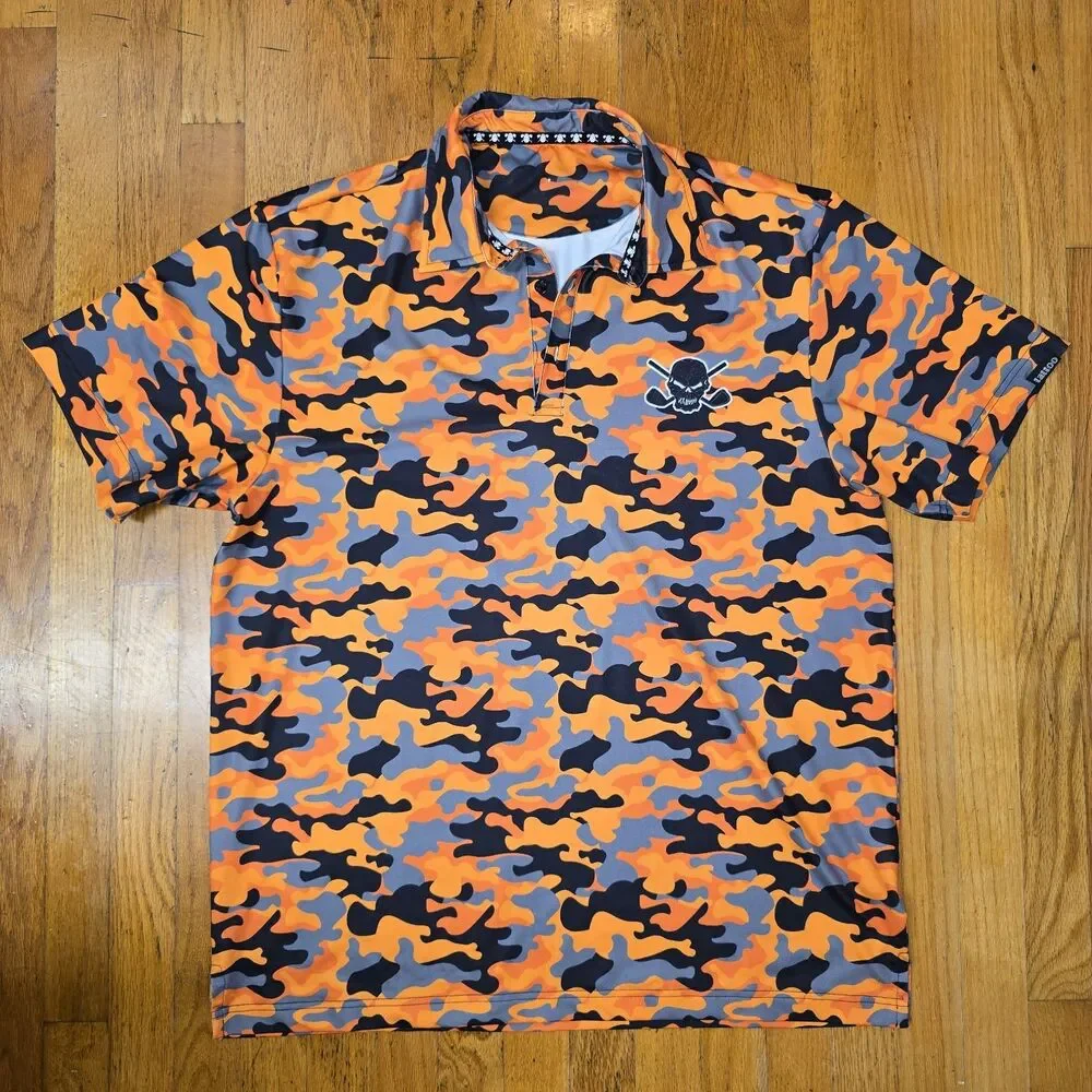 Tattoo Golf Camo Cool Collection Golf Shirt Mens L Orange Camo Stretch Skull